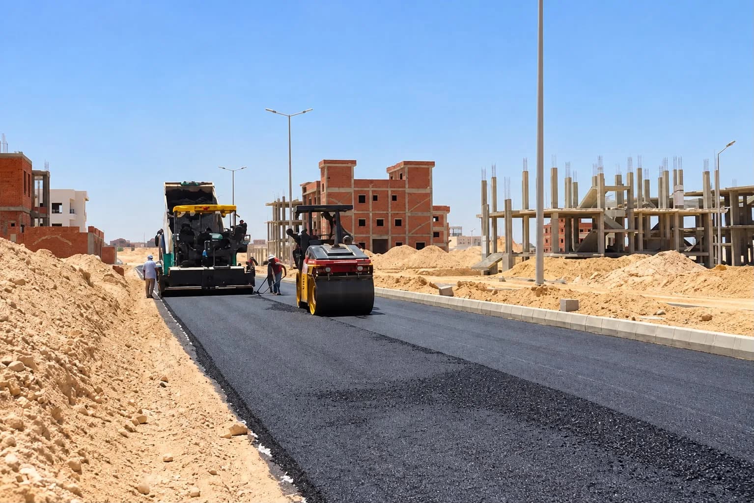 Paver and roller between the new buildings